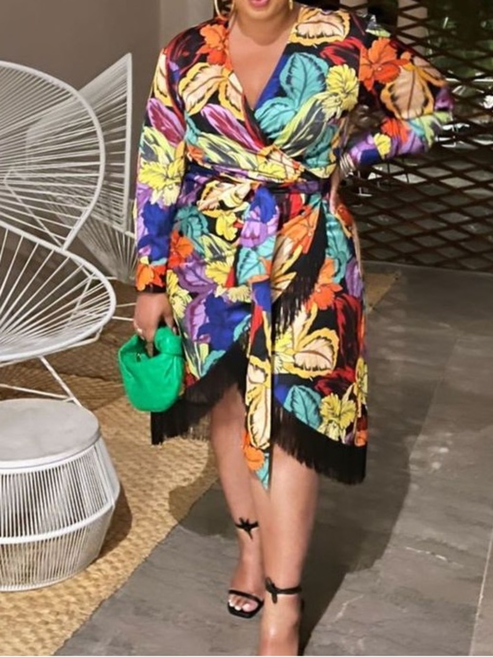 Eloquii - Vibrant Floral Wrap Dress with Fringe - Black Multi NWT